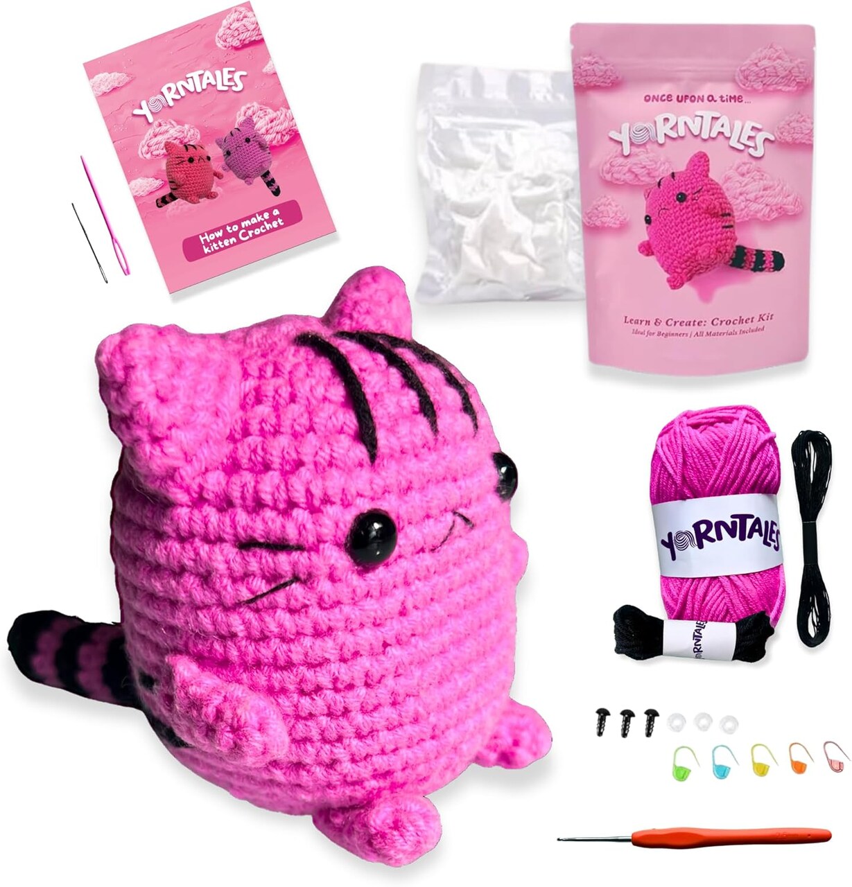 DIY Pink Kitten Crochet Kit – Beginner-Friendly with Step-by-Step Video Tutorials, Soft Yarn & All Supplies – Fun Gift for Teens & Adults